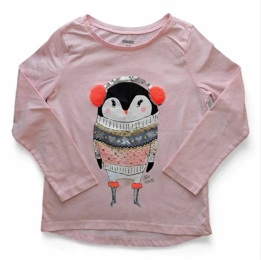 Gymboree Girls Light Pink Penguin Graphic Long Sleeve Tee Cotton Size S (5-6)